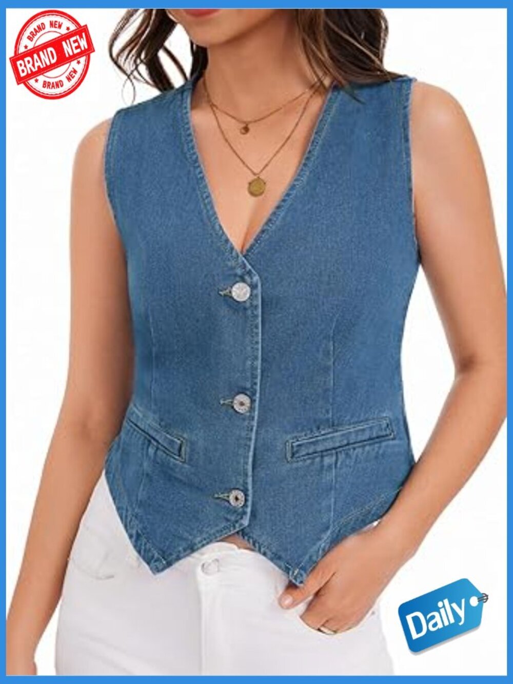 Denim Vest Sleeveless V Neck Button Down Crop Jean Jacket Y2K